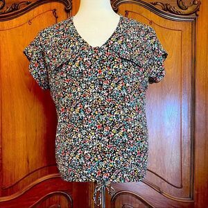 Floral Black Blouse Flowy Top Cap Sleeves Tie Front Shirt Size Large
